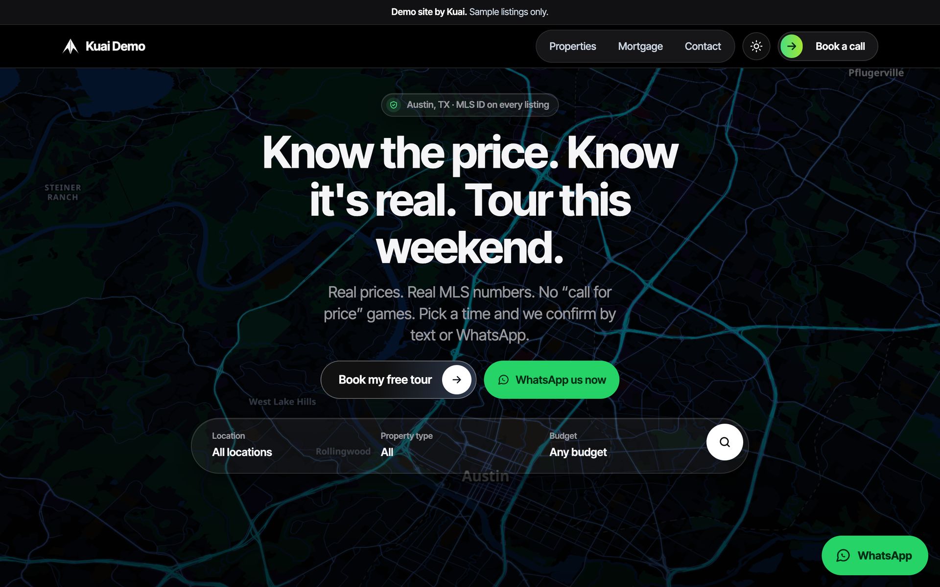 Kuai demo website on a laptop: Austin homes with a live map
